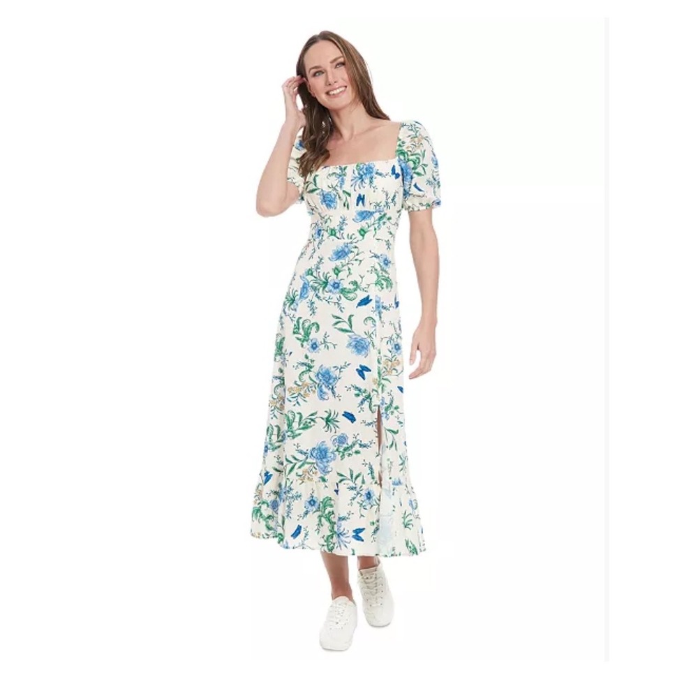 London Times Floral Linen Blend Midi Dress Blue Green‎ 18 NWT Linen blend